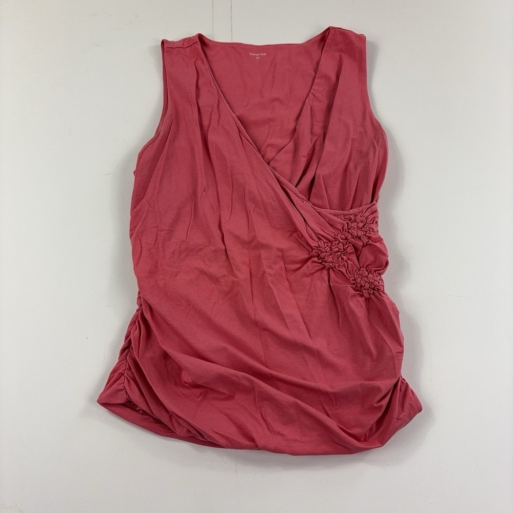 Garnet Hill Tank Top Womens L Pink V-Neck Sleeveless Jersey Ruched Side
